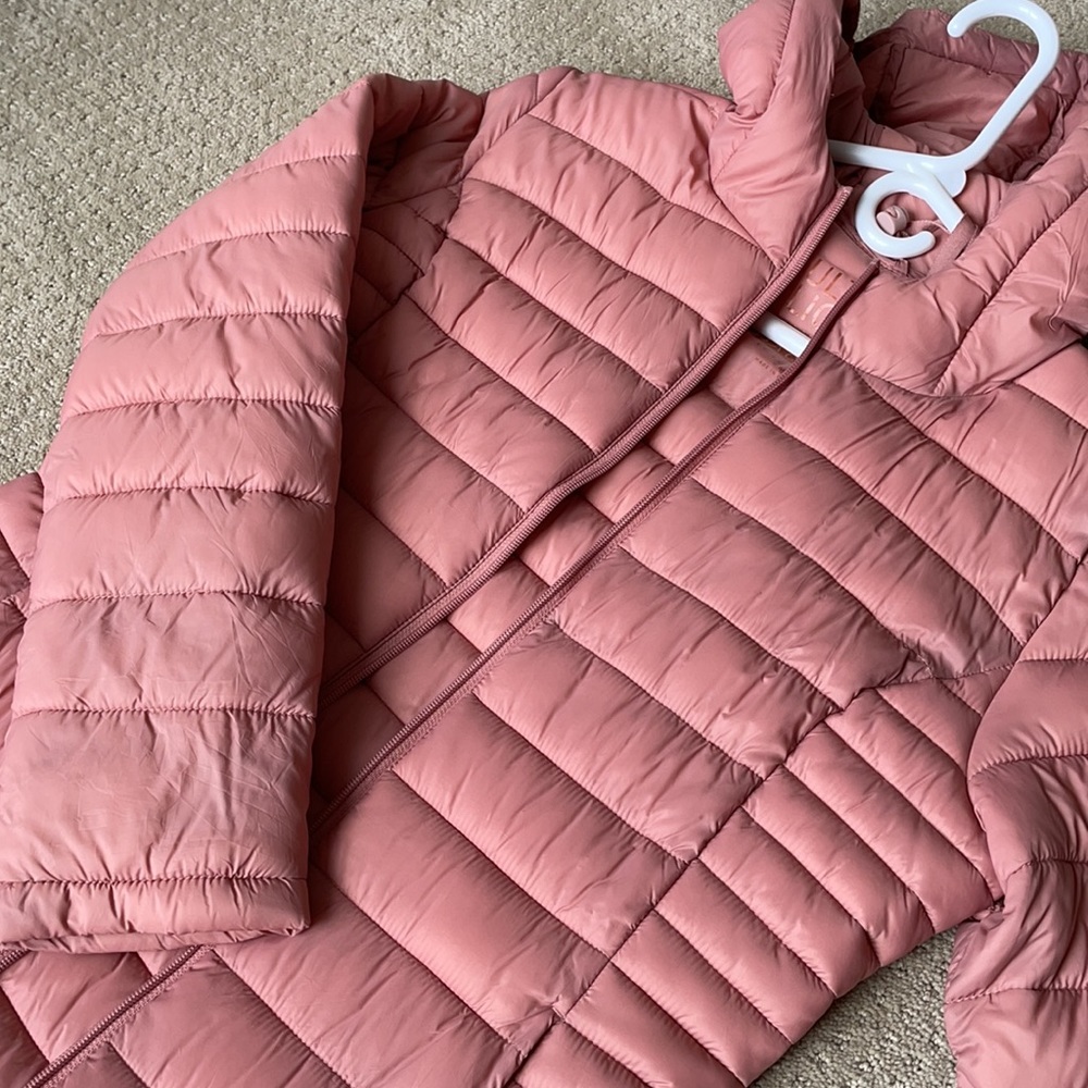 long pink puffer jacket